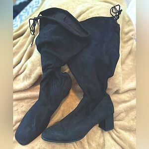 Stylish black, velvet high calf boots